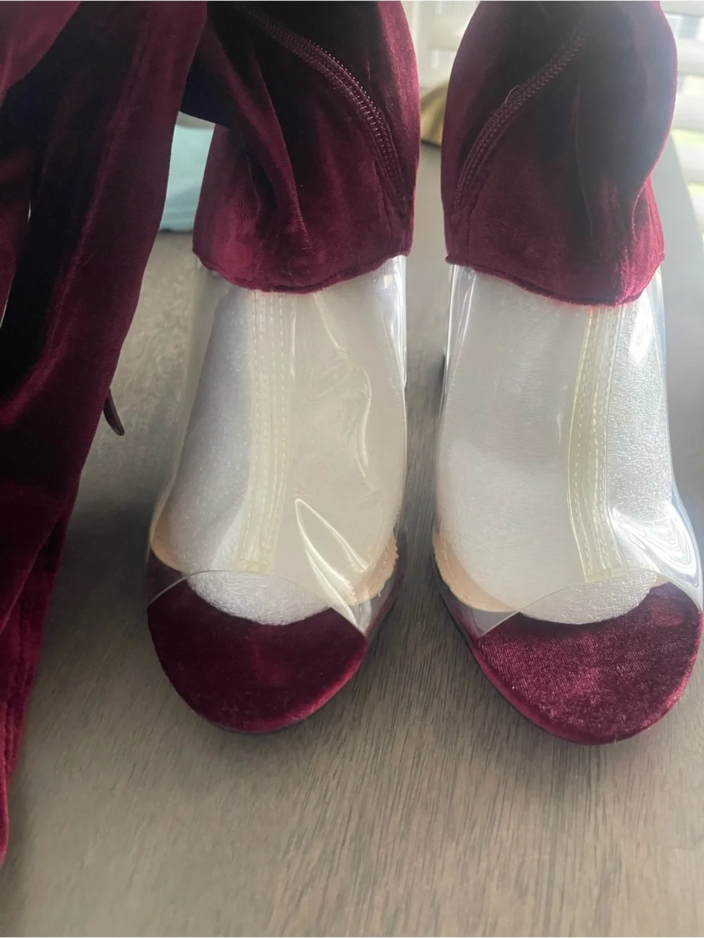 Over-the-Knee Velvet Boots in Burgundy - Women
